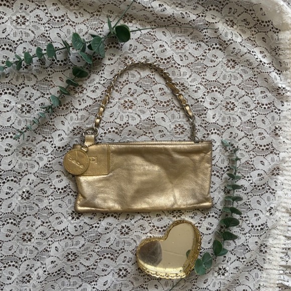 bebe Handbags - Bebe Gold Metallic Leather Baguette Bag Chain Strap Logo Charm Vintage Style